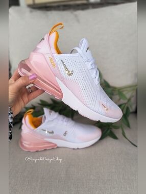 Bling Nike Air Max 270 White Pink Shoes Customized With Crystal Women's